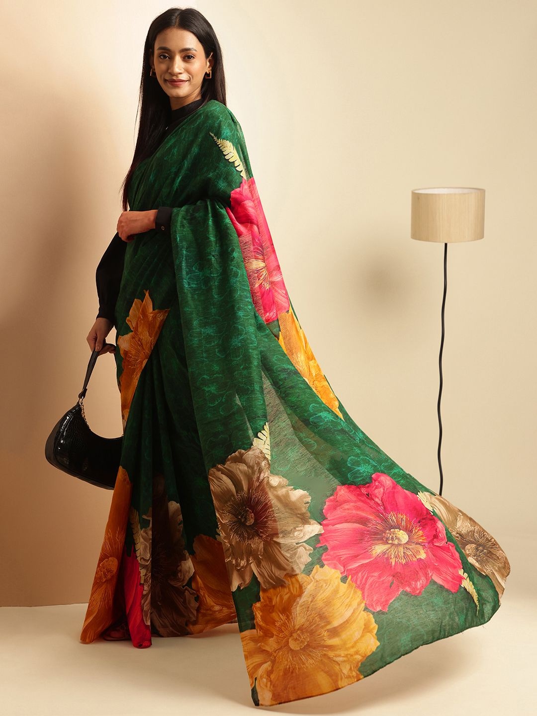 

navyasa by liva Floral Pure Linen Saree, Green