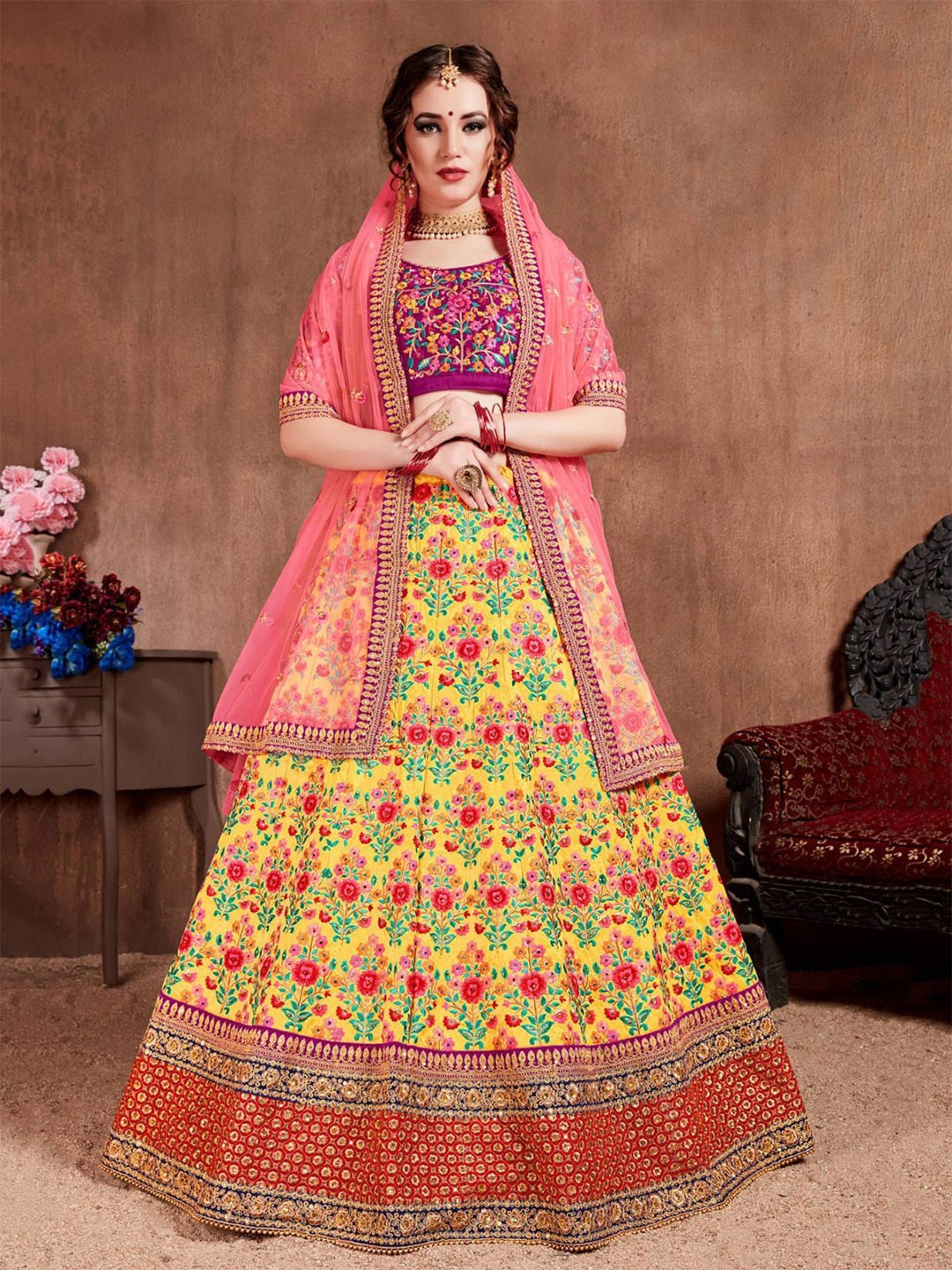 

ODETTE Embroidered Semi-Stitched Lehenga & Blouse With Dupatta, Pink