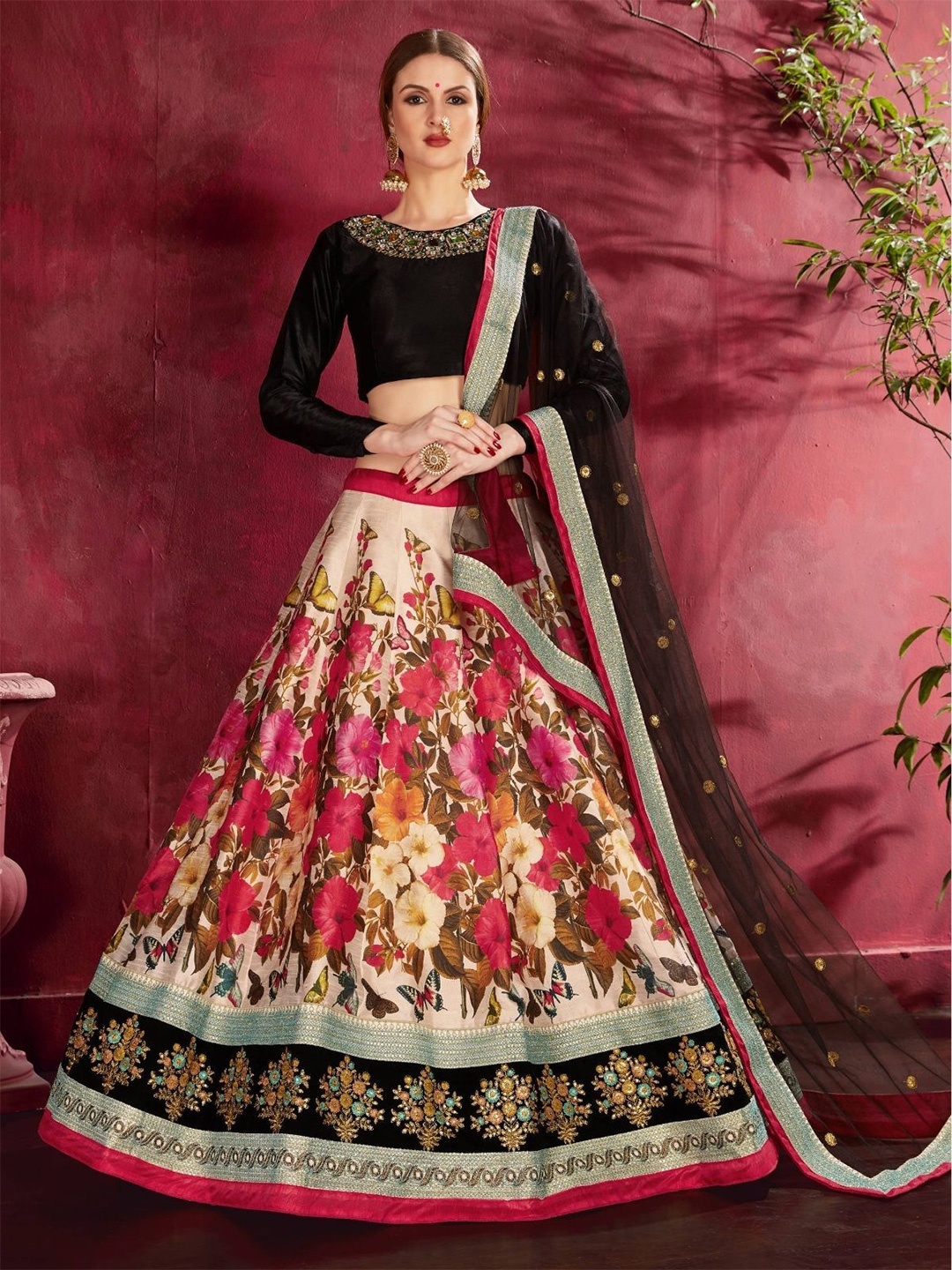 

ODETTE Embellished Beads and Stones Semi-Stitched Lehenga & Blouse With Dupatta, Black