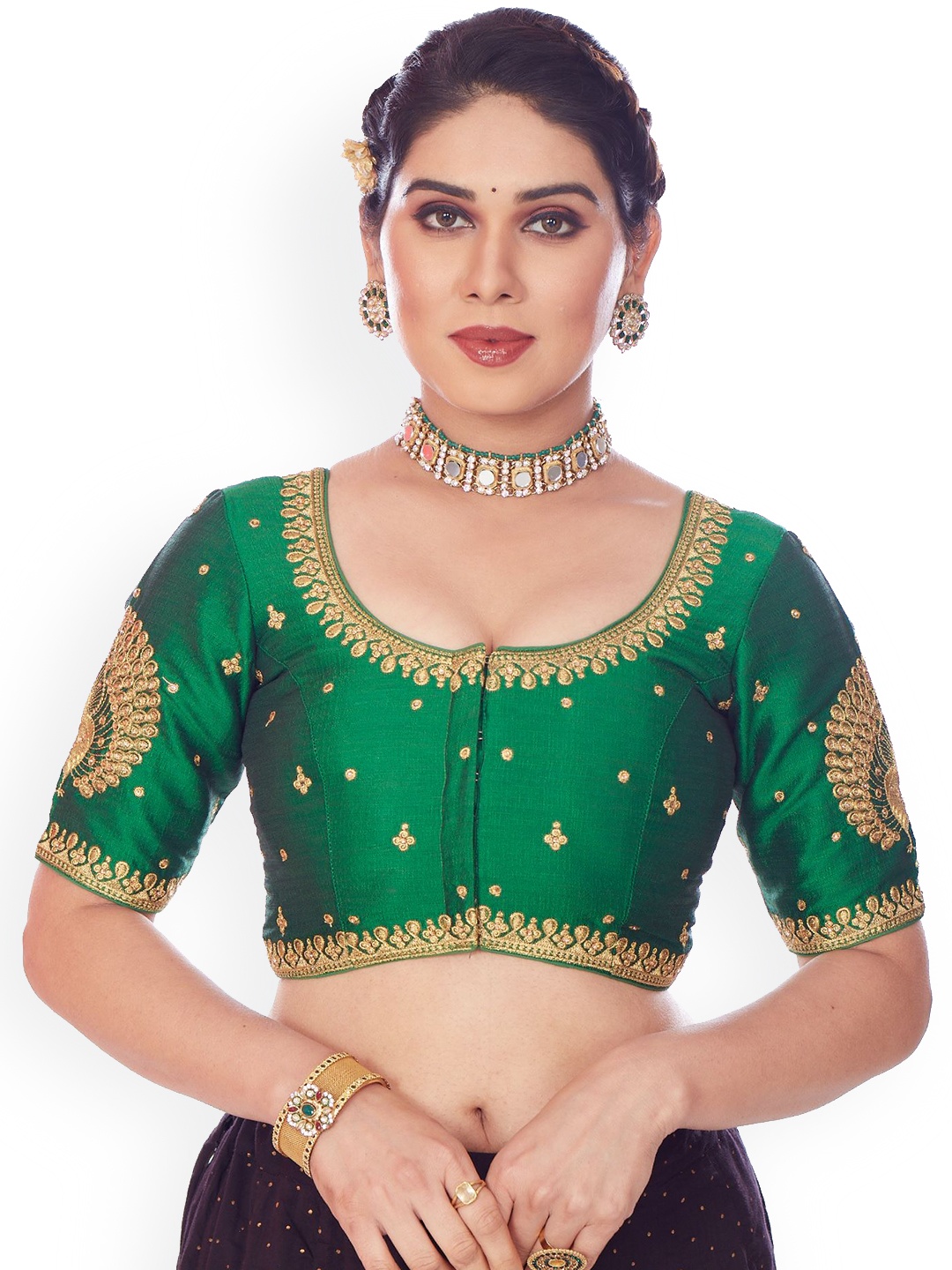 

Mmore Embroidered Round Neck Saree Blouse, Green