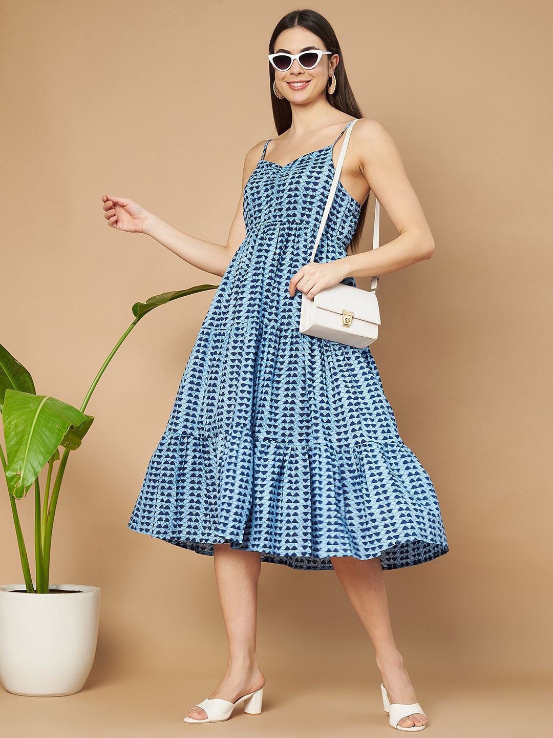

COTLAND FASHION Women Printed Shoulder Straps A-Line Dress, Blue