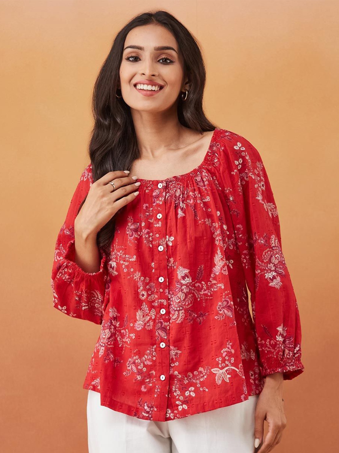 

Fabindia Women Floral Printed Boat Neck Cotton Top, Red