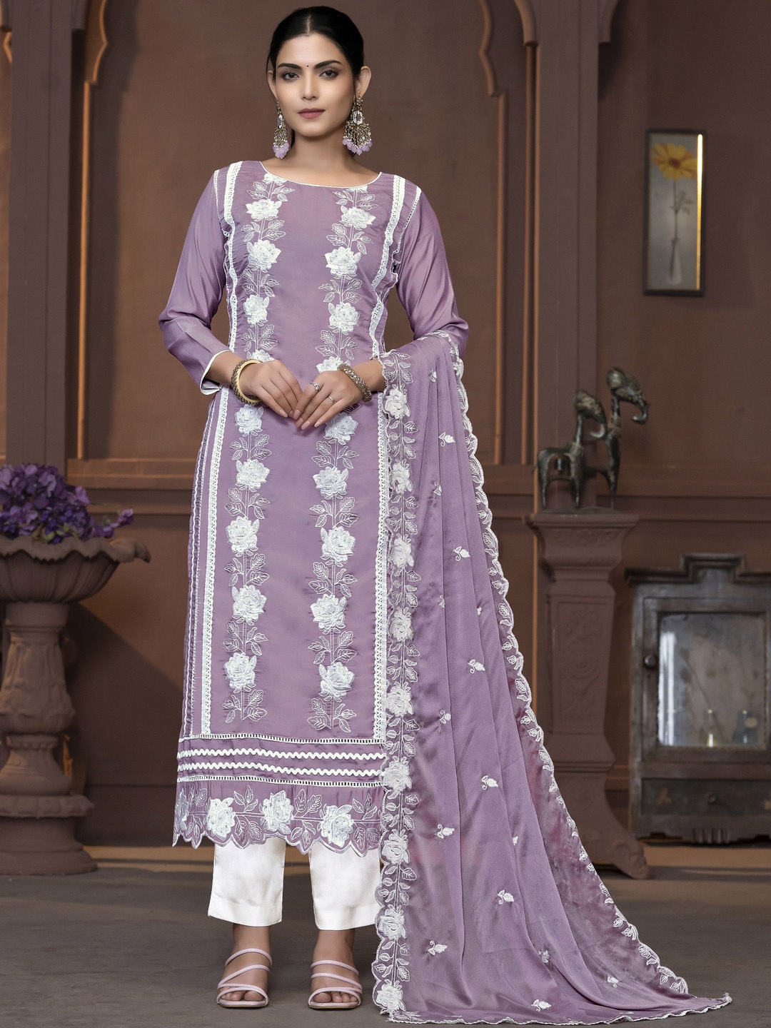 

Maroosh Floral Embroidered Unstitched Dress Material, Purple