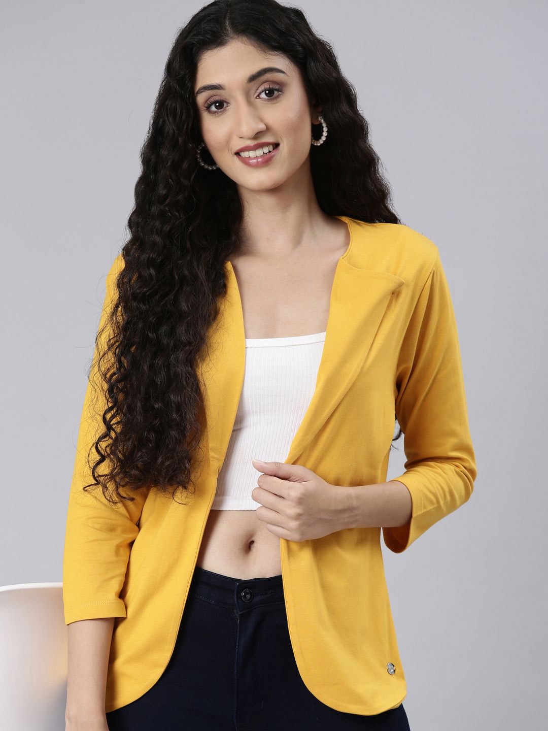 

TWIN BIRDS Lapel Collar Pure Cotton Asymmetrical Hem Shrug, Mustard