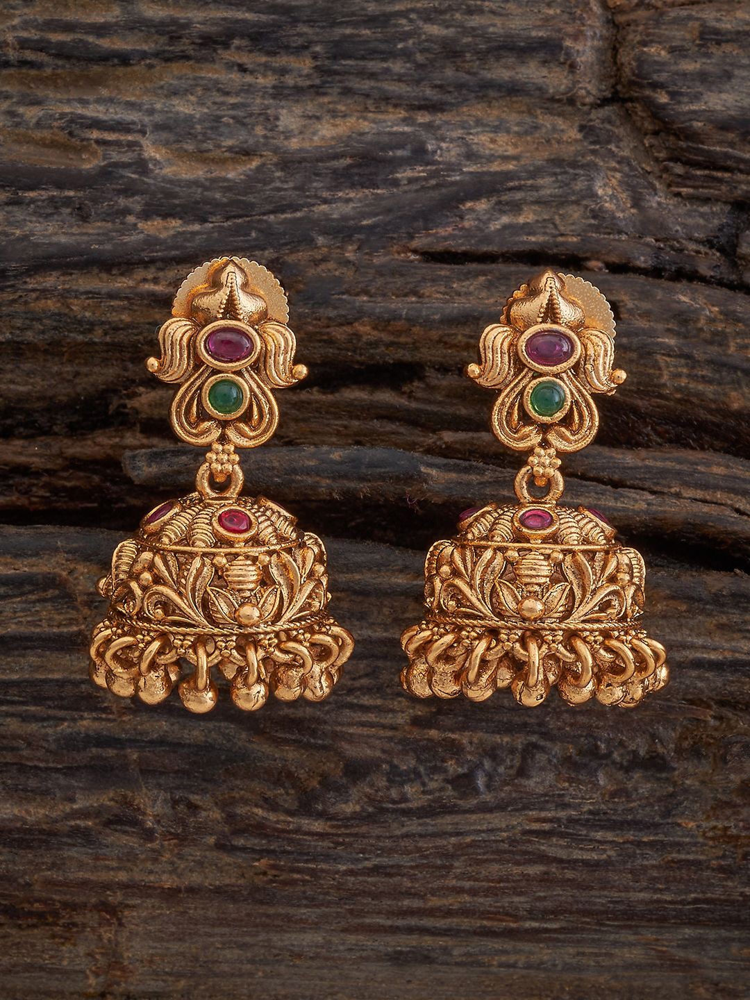 

Kushal's Fashion Jewellery Gold-Plated Ruby Studded Dome Shaped Antique Jhumkas