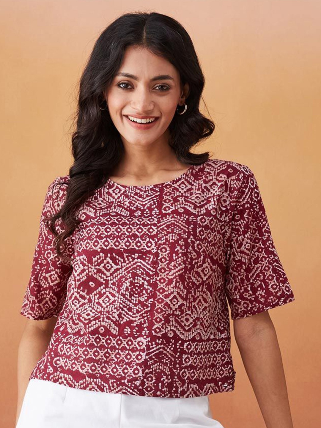 

Fabindia Women Ethnic Motifs Printed Round Neck Cotton Top, Maroon
