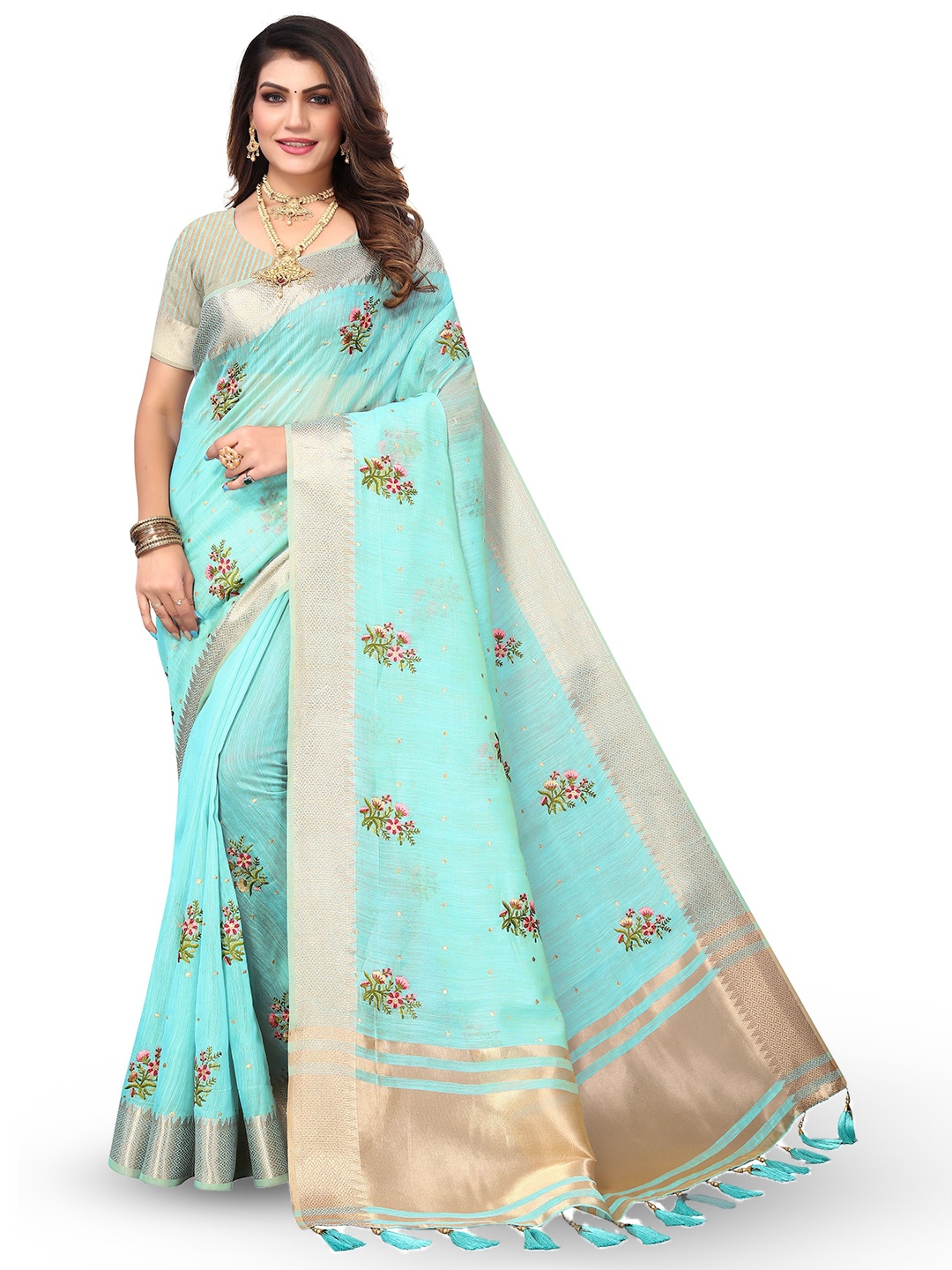 

VIRICA Floral Phulkari Saree, Blue