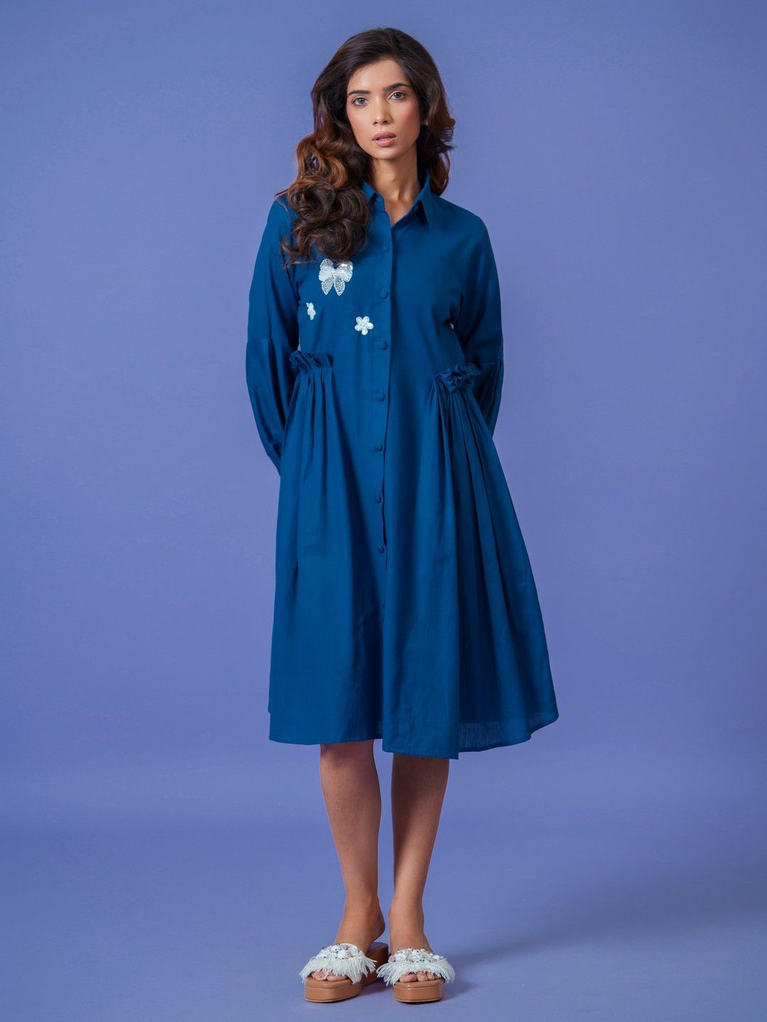 

KINA Puff Sleeve Shirt Dress, Blue