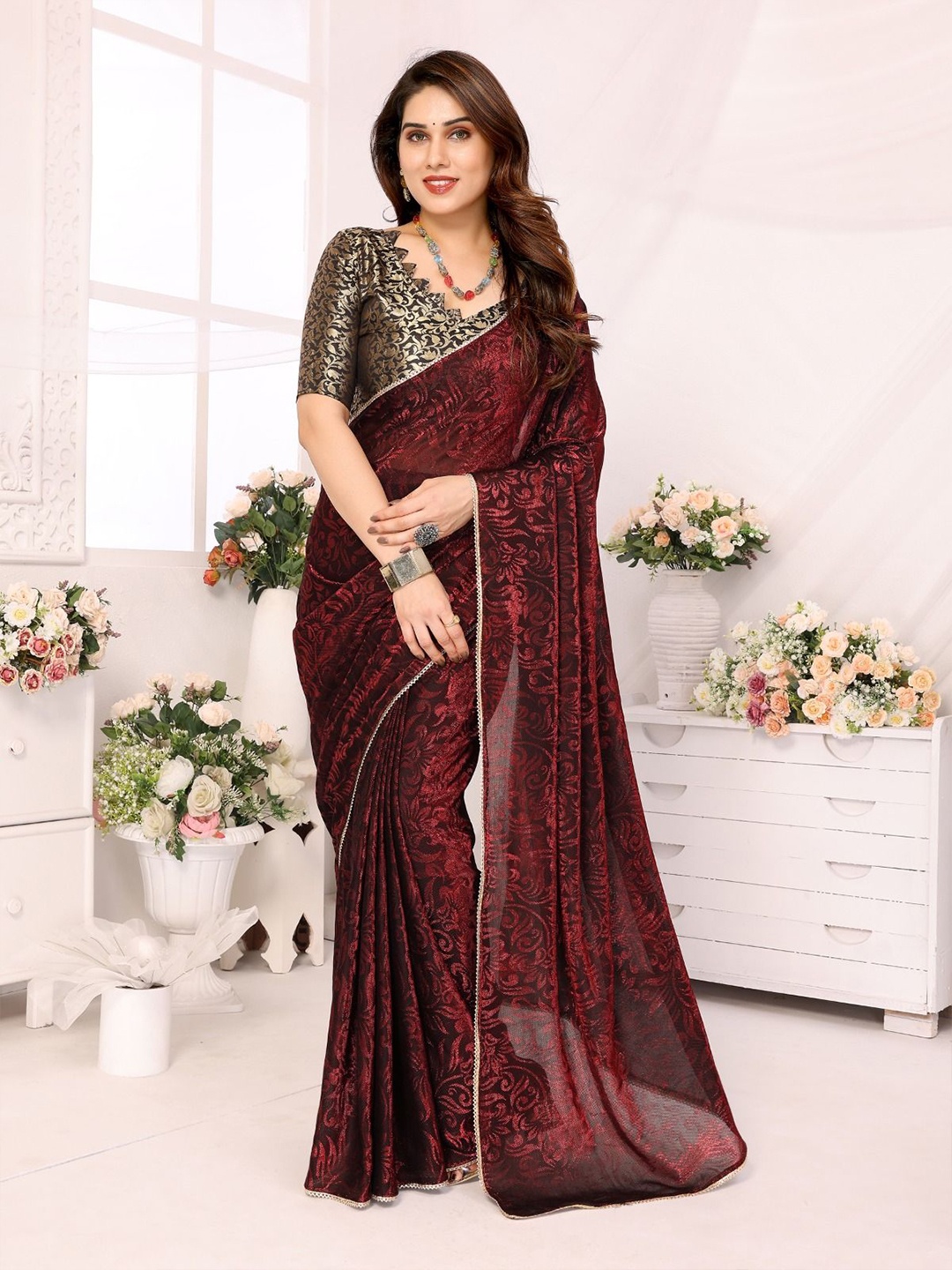 

KALINI Embellished Pure Silk Ready to Wear Bagh Saree, Maroon