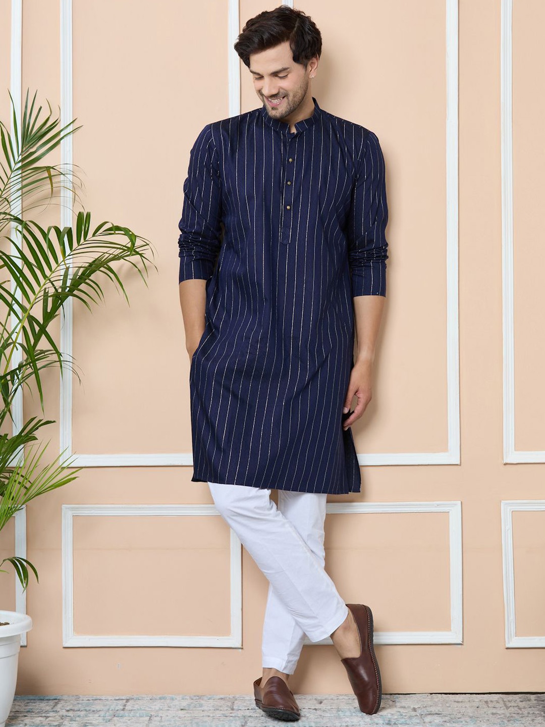 

See Designs Men Striped Regular Kurta with Pyjamas, Blue