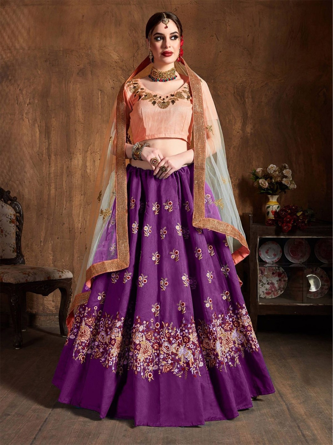 

ODETTE Floral Embroidered Semi-Stitched Lehenga & Blouse With Dupatta, Orange