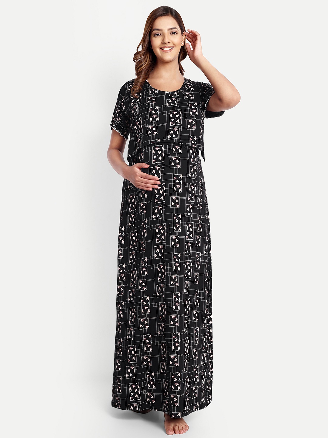 

THE MAMA KLUB Printed Maxi Nightdress, Black