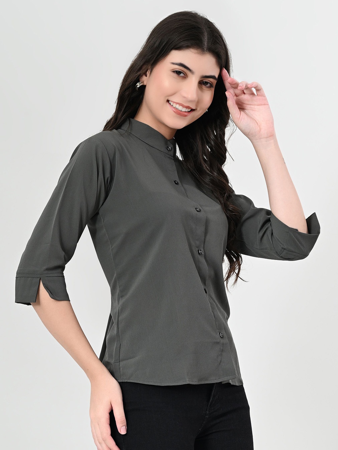 

mrutbaa Women Standard Band Collar Solid Crepe Casual Shirt, Grey