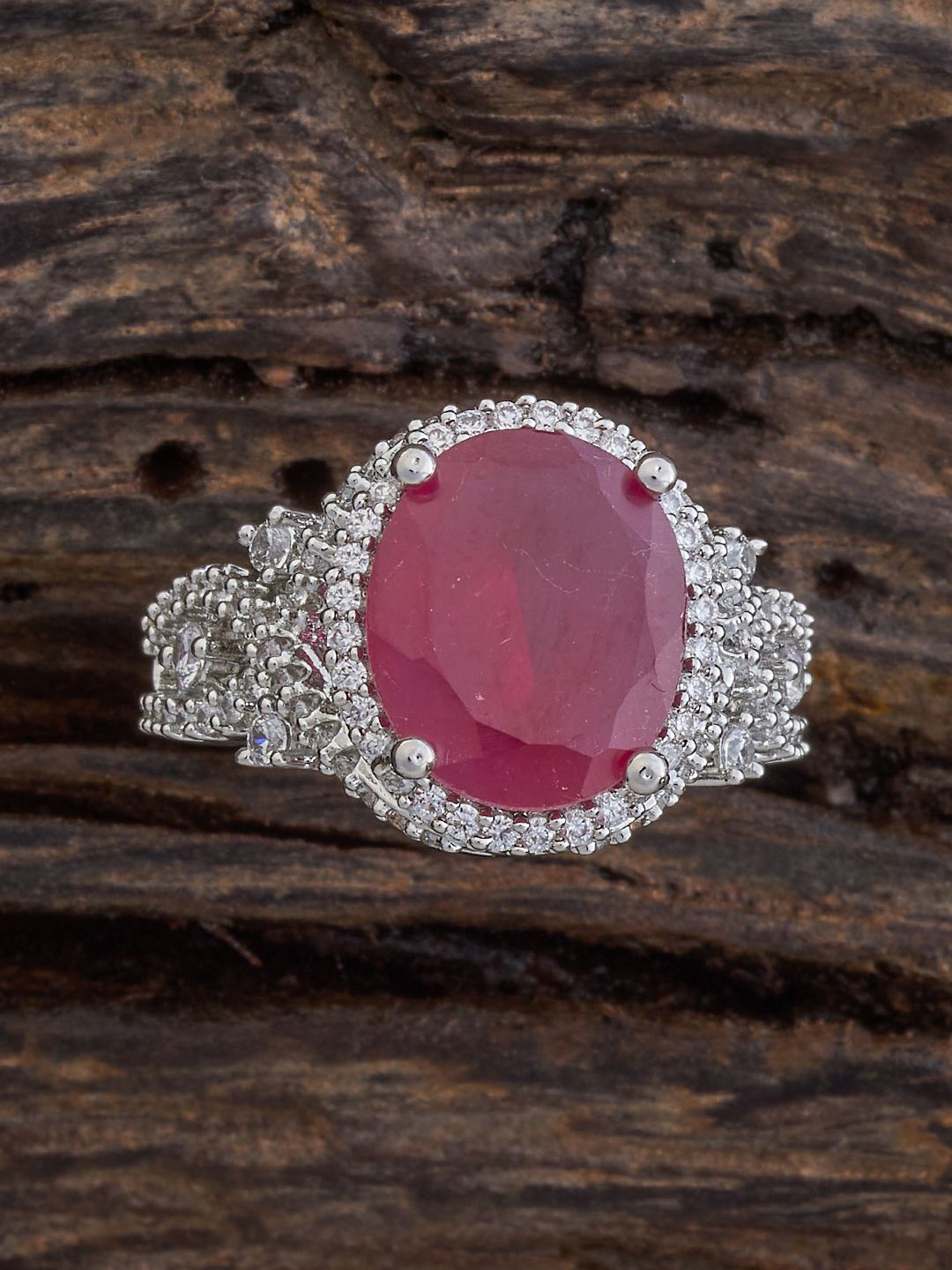 

Kushal's Fashion Jewellery Rhodium-Plated Zircon & Ruby Studded Adjustable Finger Ring, Silver