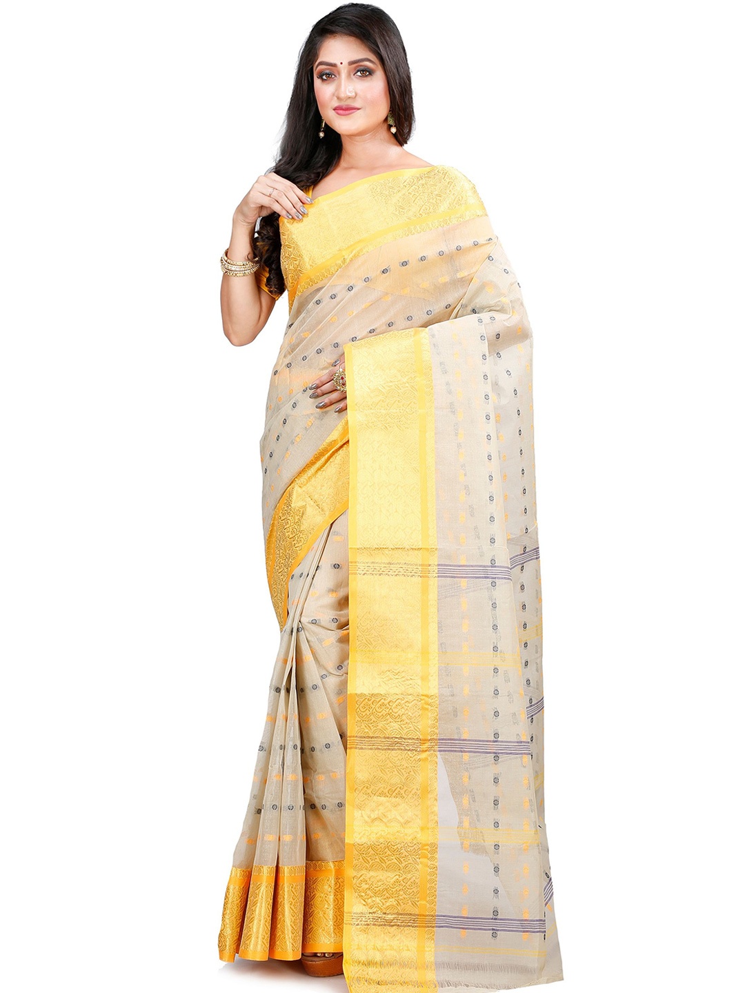 

DipDiya Woven Design Zari Pure Cotton Taant Saree, Cream