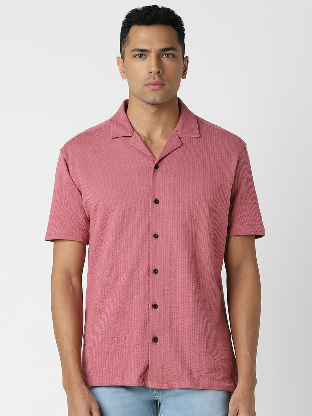 

V Dot Men Cuban Collar Textured Cotton Slim Fit Casual Shirt, Pink