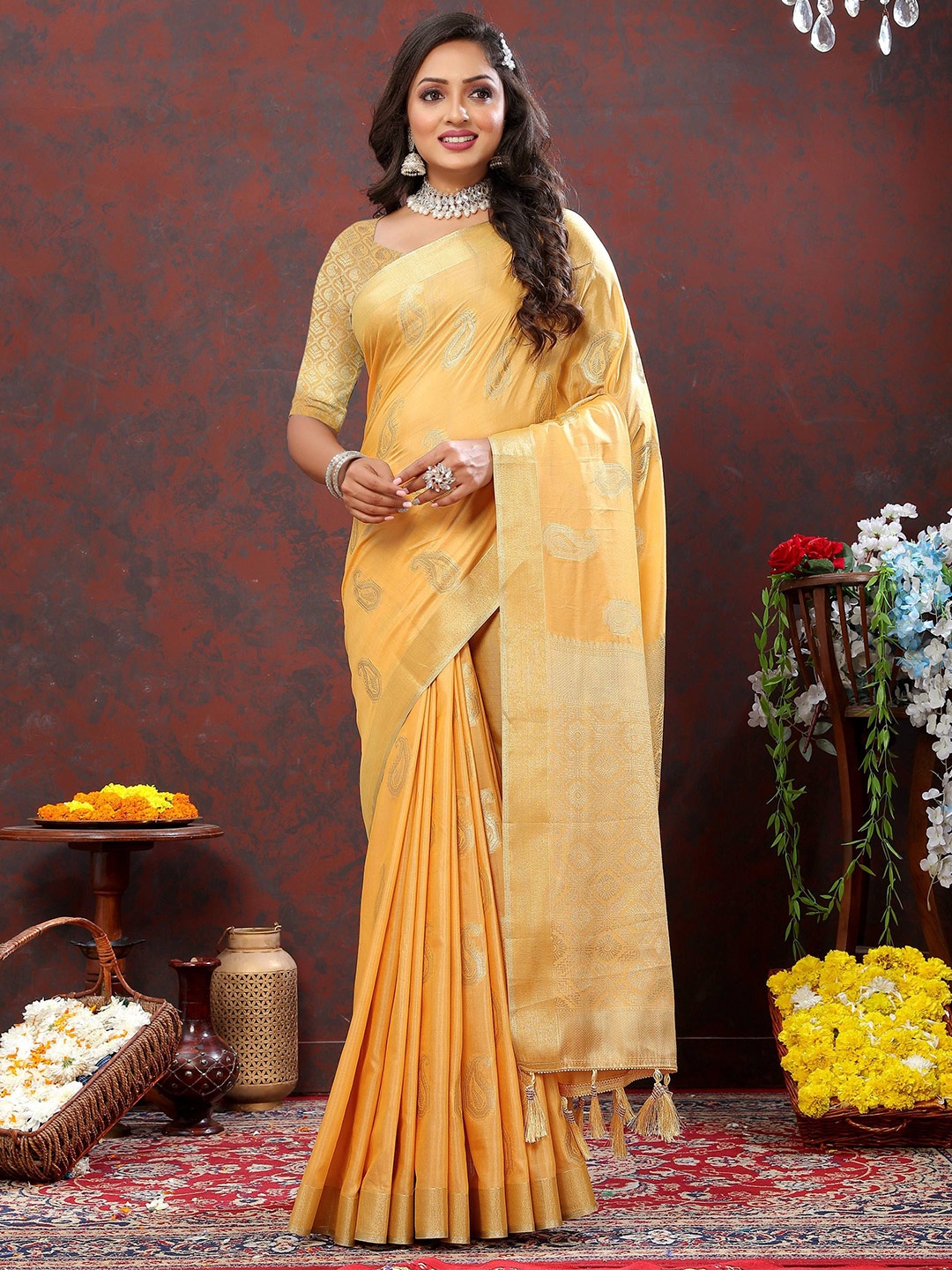 

Zeekha Ethnic Motifs Woven Design Zari Pure Silk Kanjeevaram Saree, Mustard
