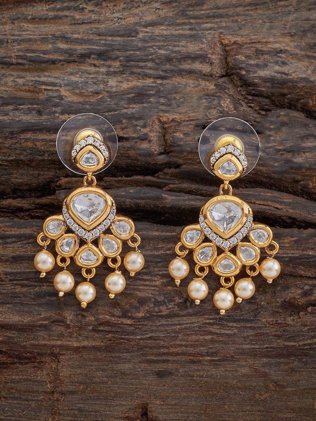 

Kushal's Fashion Jewellery Leaf Shaped Kundan Drop Earrings, Gold