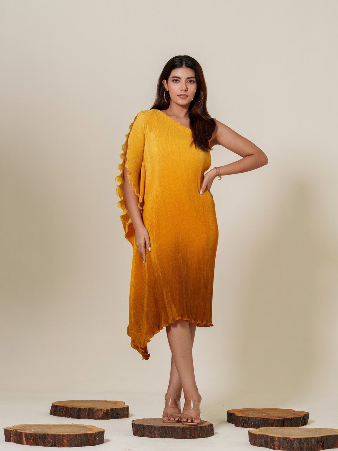 

KINA One Shoulder Fit & Flare Dress, Yellow