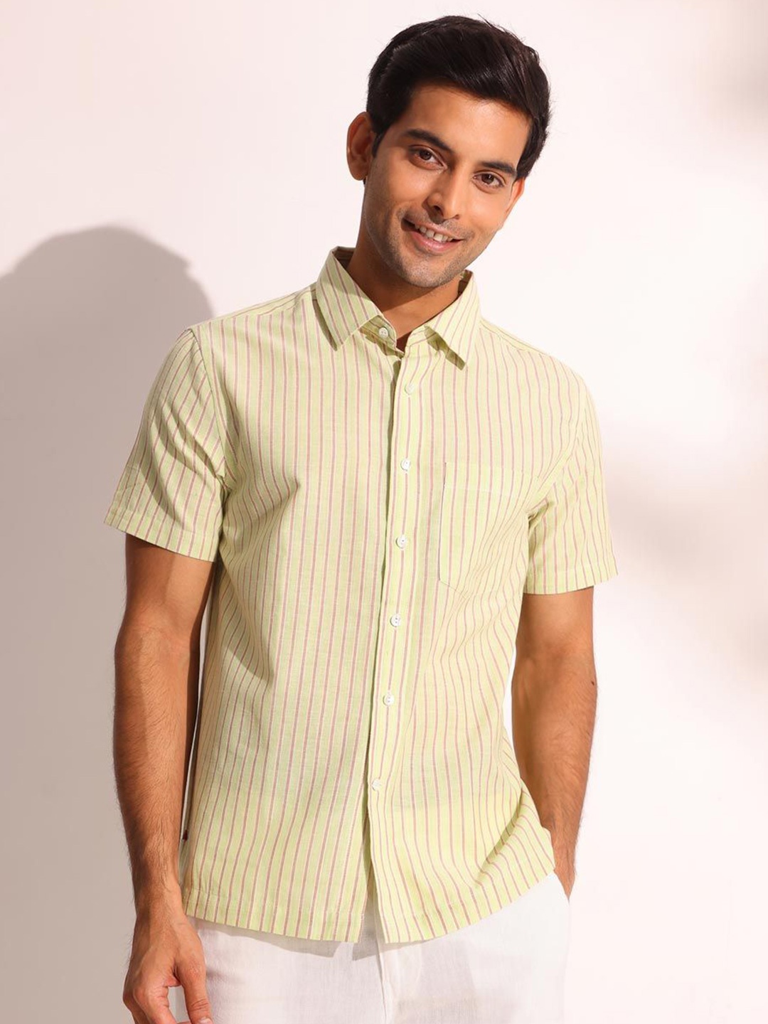 

Fabindia Men Spread Collar Vertical Striped Cotton Casual Shirt, Yellow