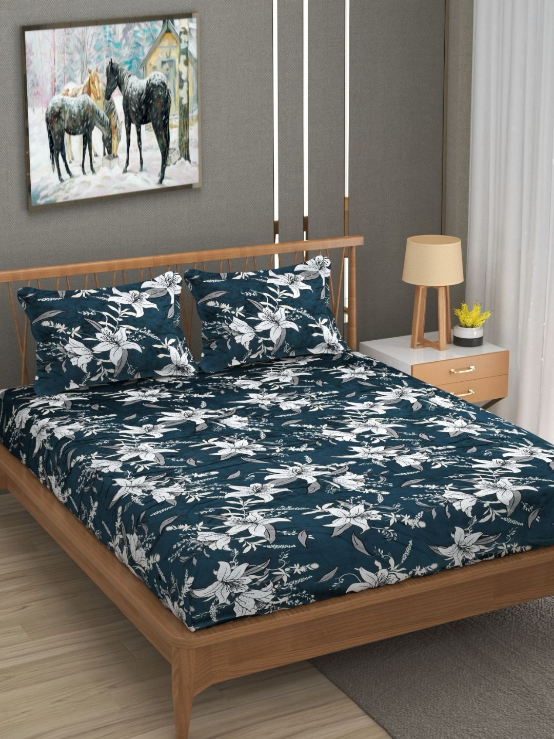 

RIDHAAN Teal Blue & White Printed Bedsheets with 2 Pillow Covers, Navy blue