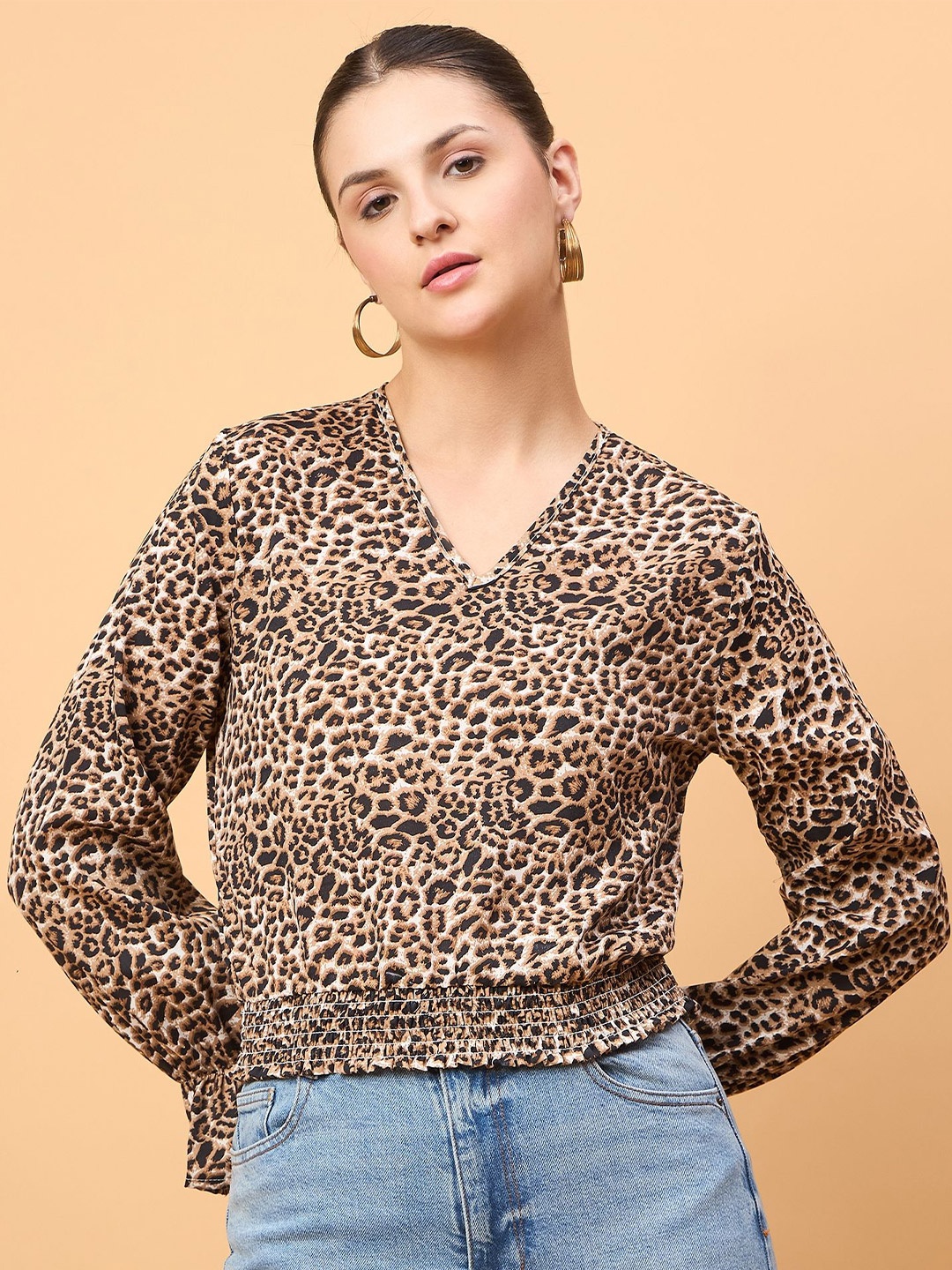 

NEESH Women Animal Printed V-Neck Top, Beige