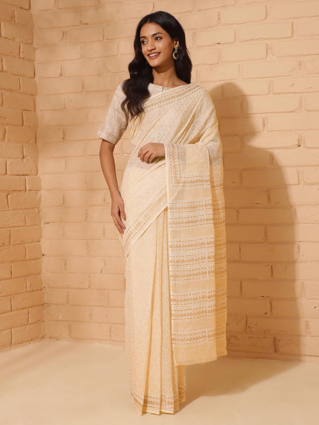 

Fabindia Ethnic Motifs Silk Cotton Block Print Saree, Beige