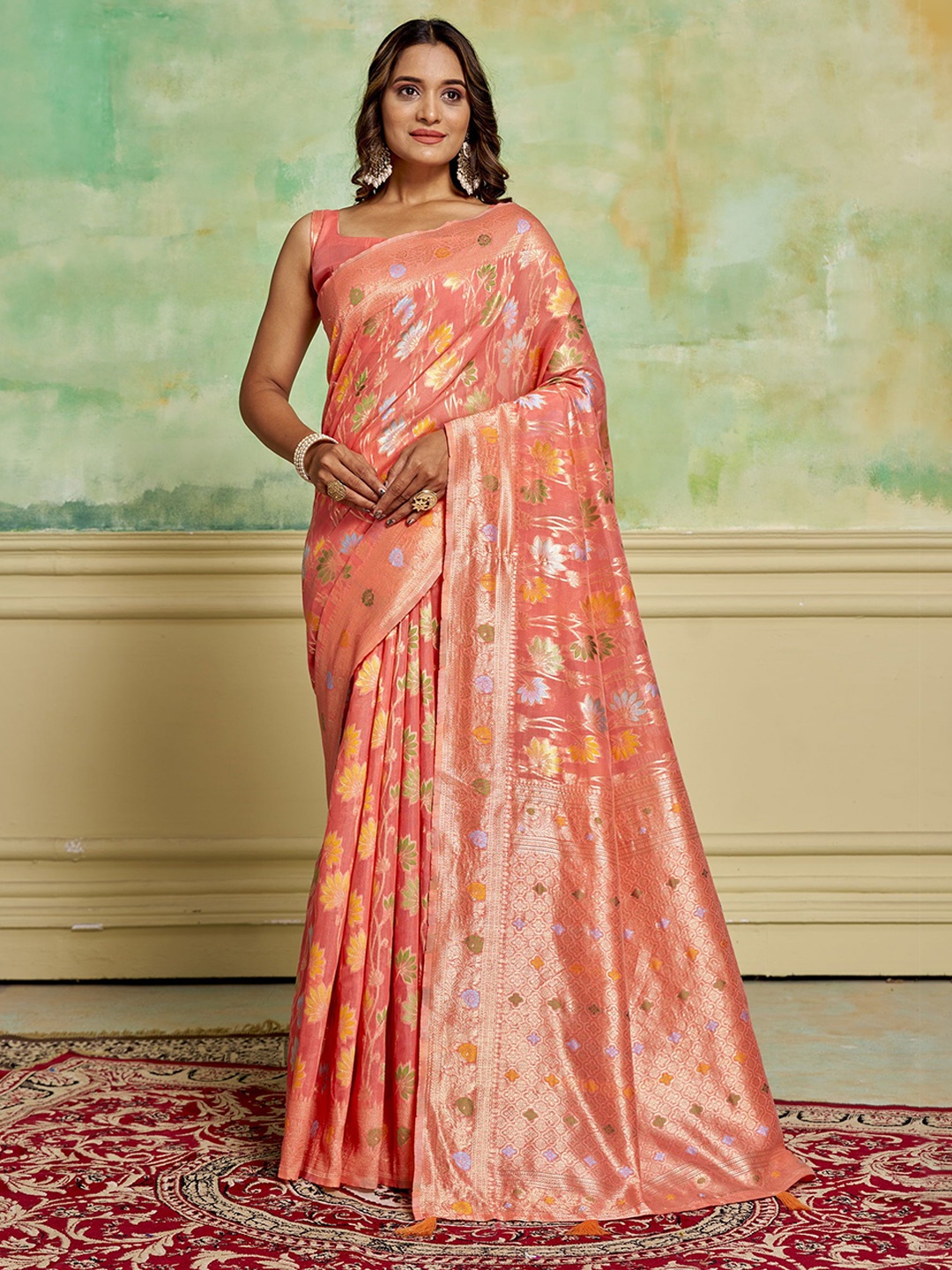 

KAYOMMI Floral Woven Design Pure Cotton Banarasi Saree, Peach