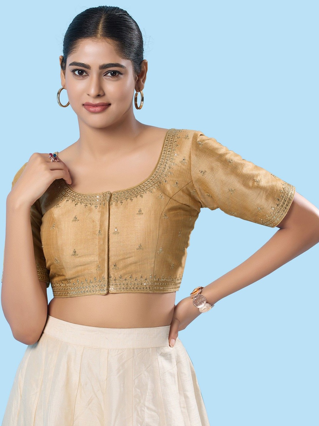 

Mmore Embroidered Round Neck Saree Blouse, Gold