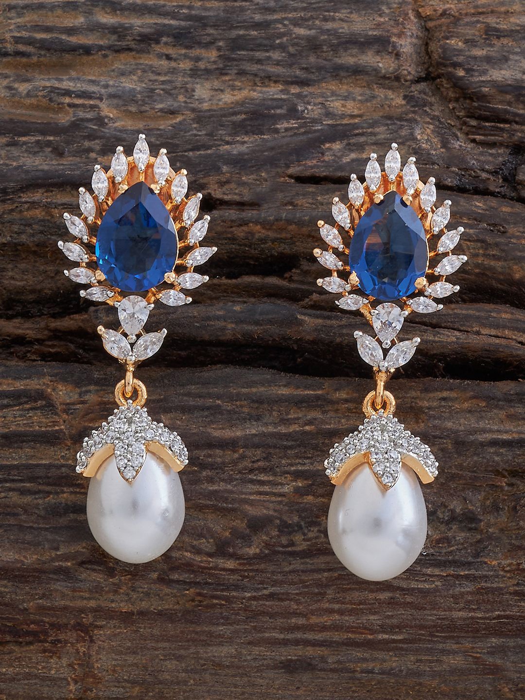 

Kushal's Fashion Jewellery Rhodium-Plated Cubic Zirconia Studded Leaf Shaped Drop Earrings, Gold