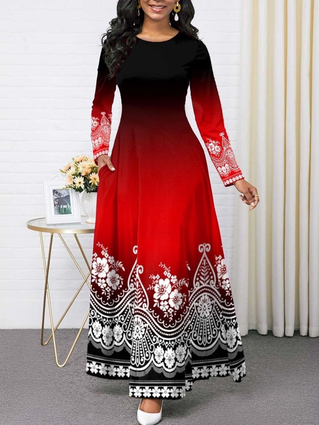 

KPOP Women Ethnic Motifs Printed Round Neck Maxi Dress, Red