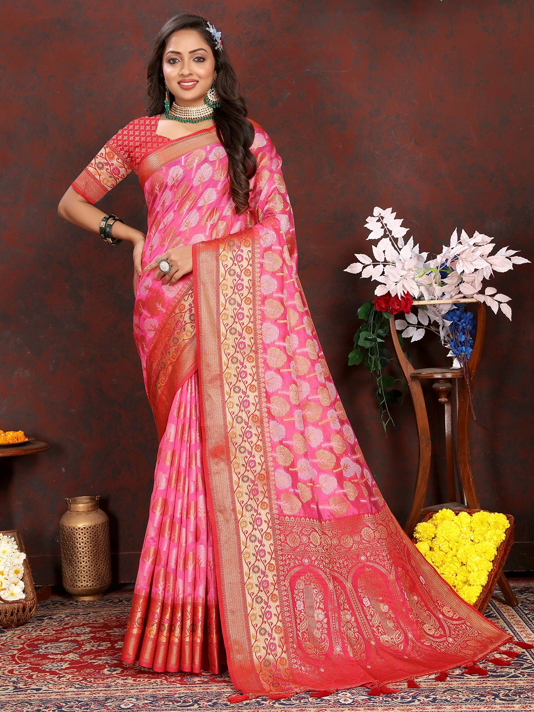 

Zeekha Woven Design Zari Pure Silk Kanjeevaram Saree, Pink