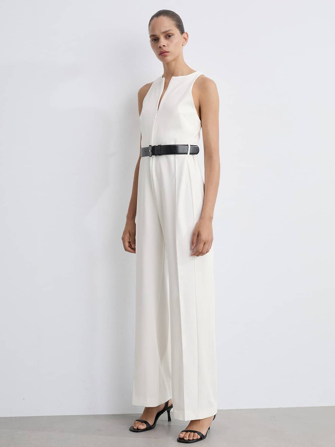 

MANGO Round Neck Basic Jumpsuit With Belt, White