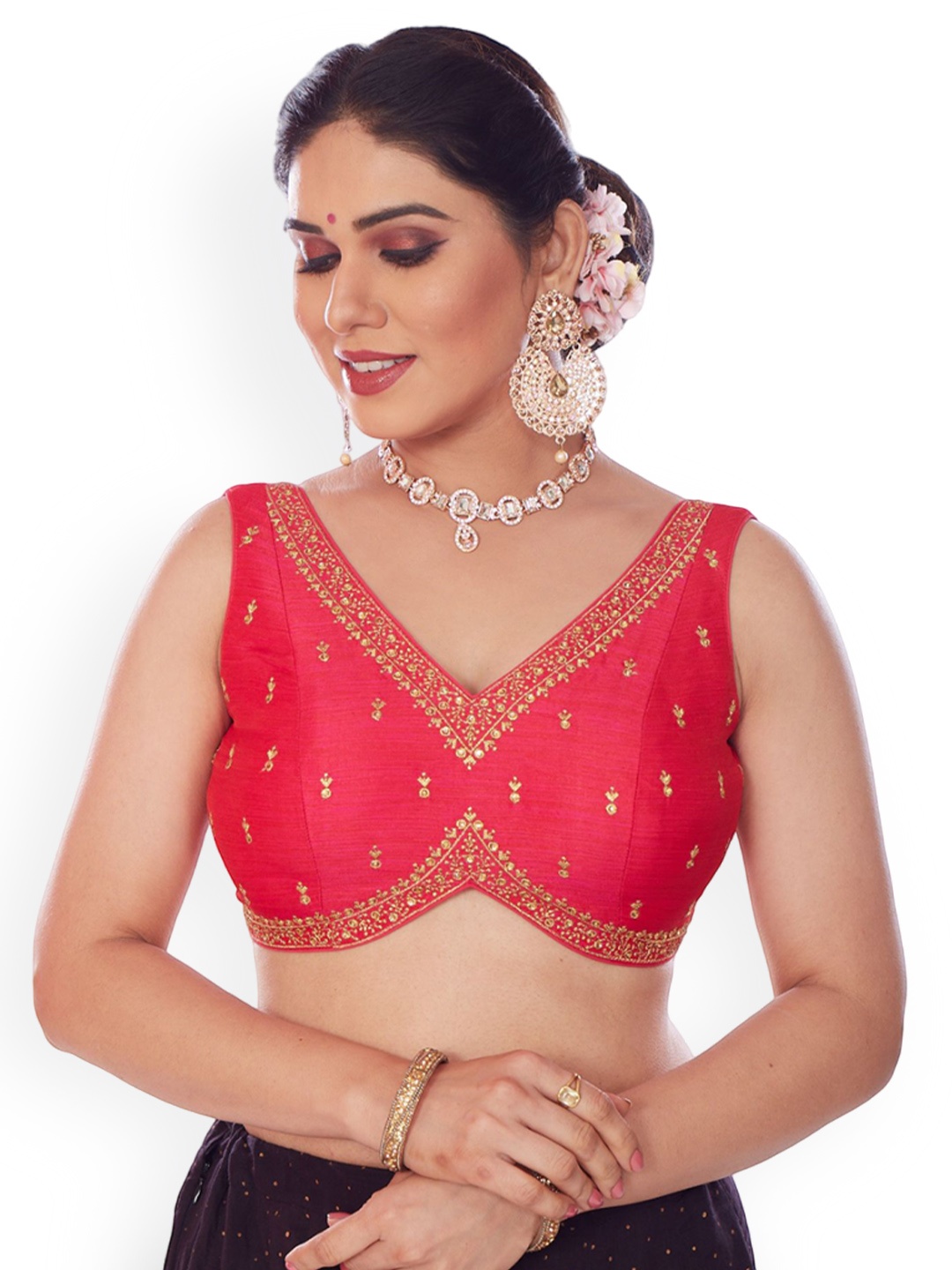 

Mmore Embroidered V- Neck Saree Blouse, Red