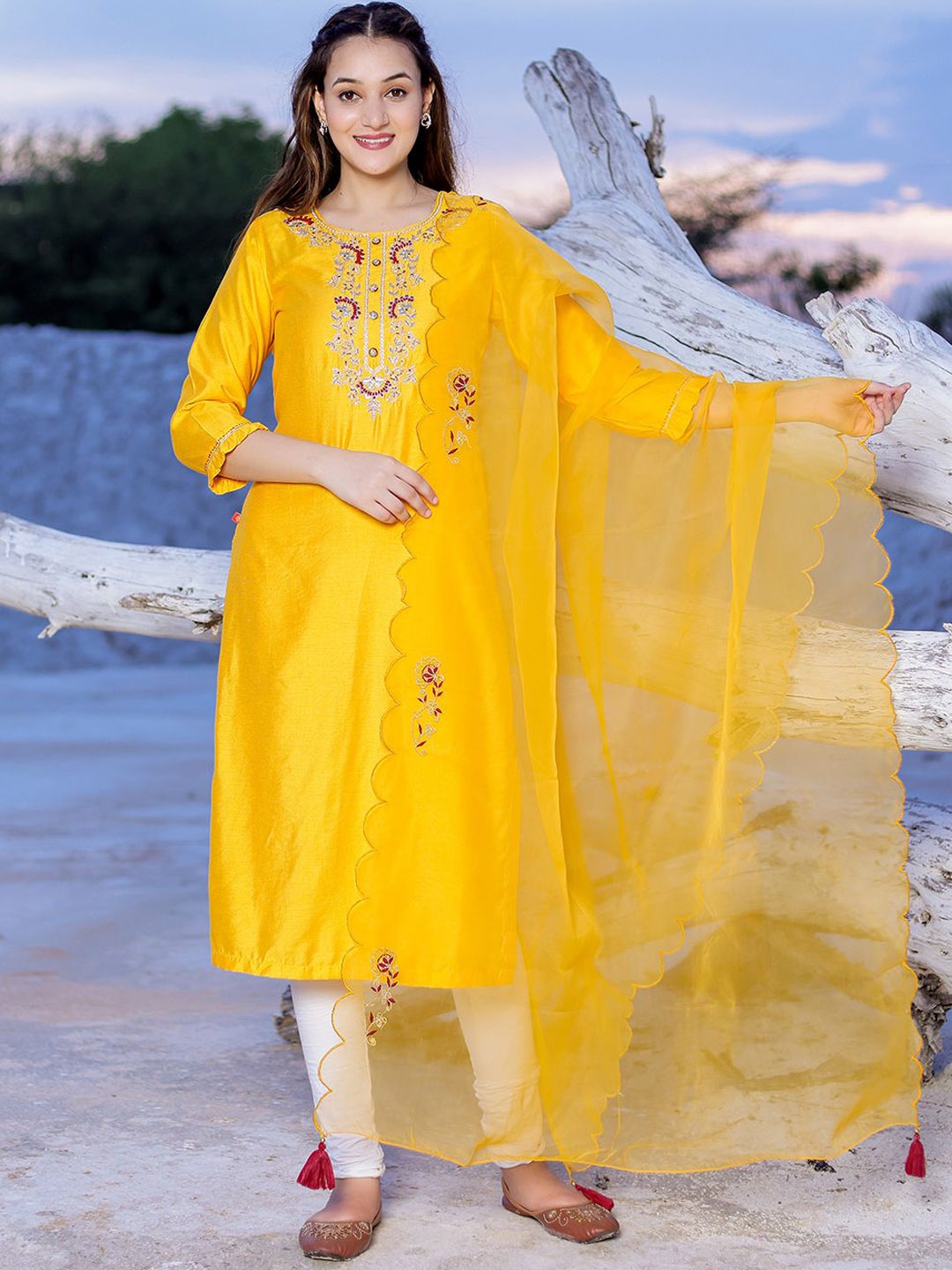 

Chandbaali Women Ethnic Motifs Embroidered Regular Gotta Patti Kurta with Salwar & With Dupatta, Mustard