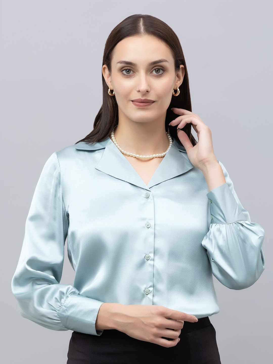 

PURYS WORKSPACE Women Classic Cuban Collar Solid Formal Shirt, Green