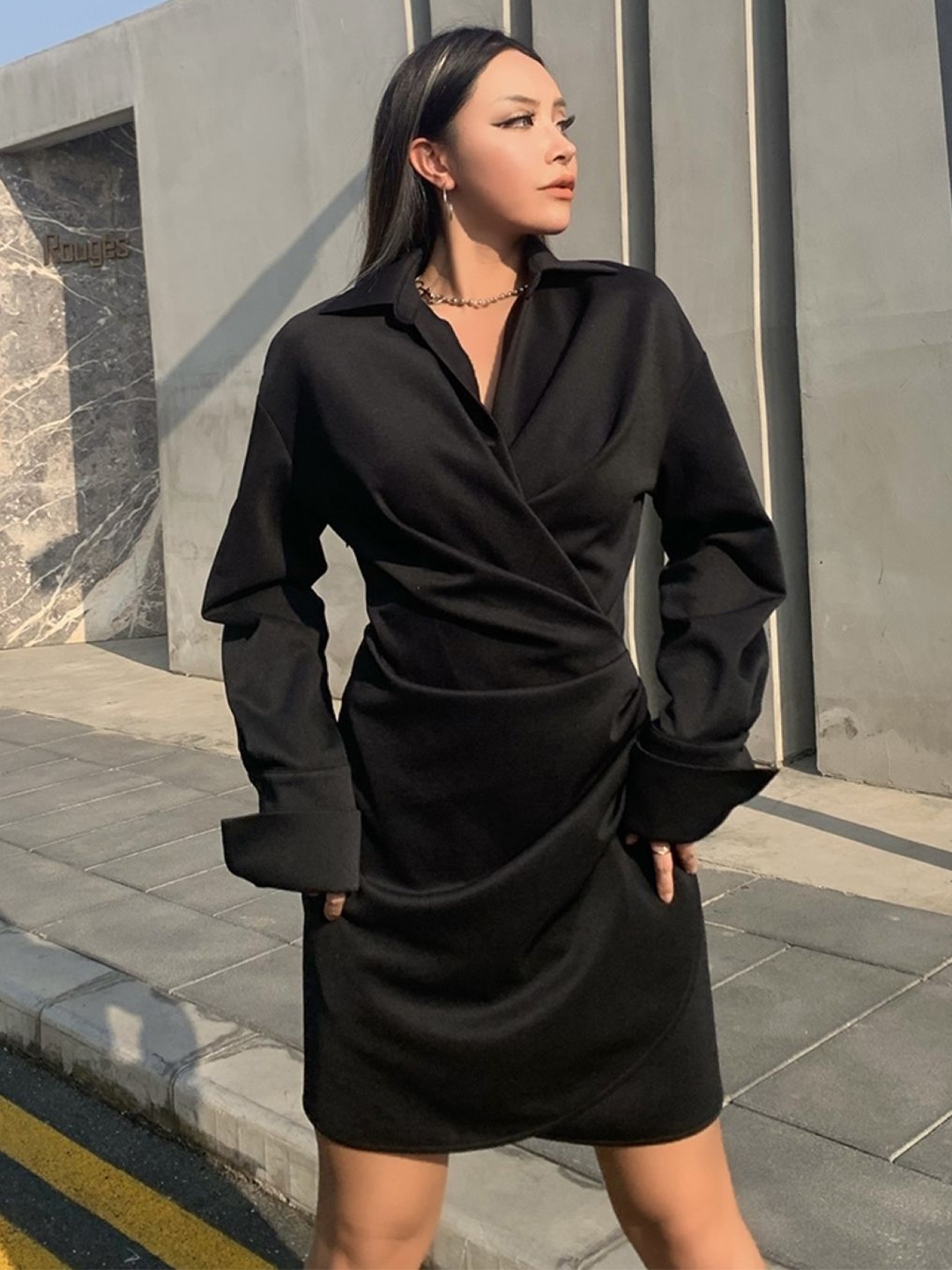 

KPOP Women Solid Wrap Dress, Black