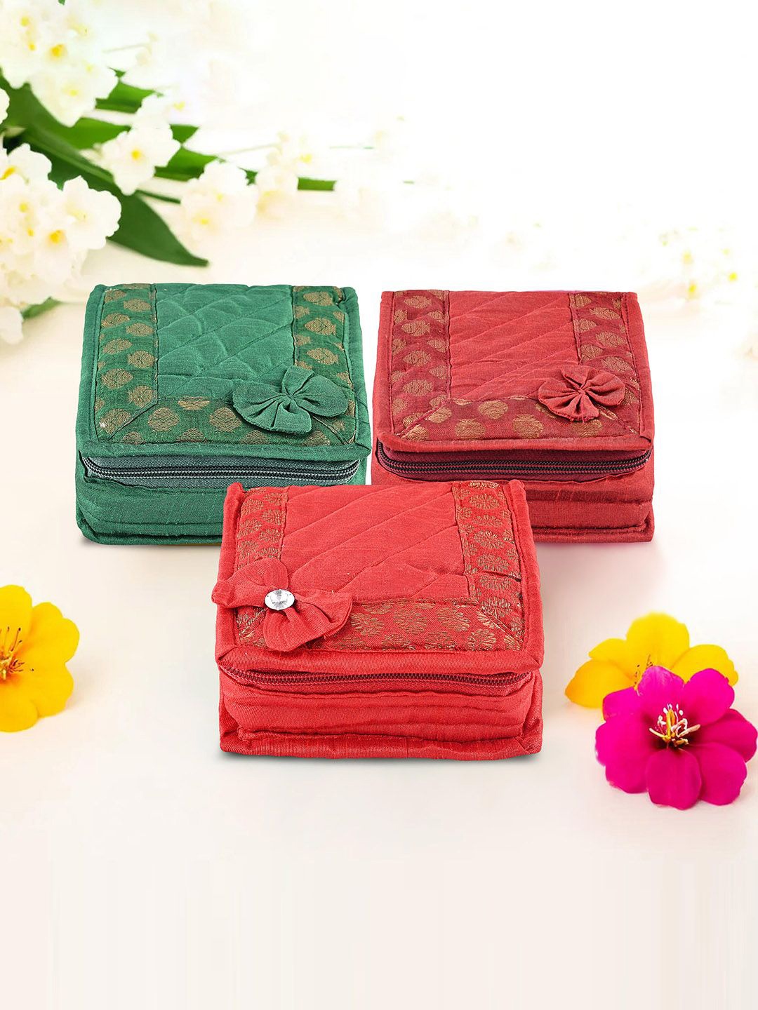 

Kuber Industries Green & Maroon 3 Pieces Printed Jewellery Organisers