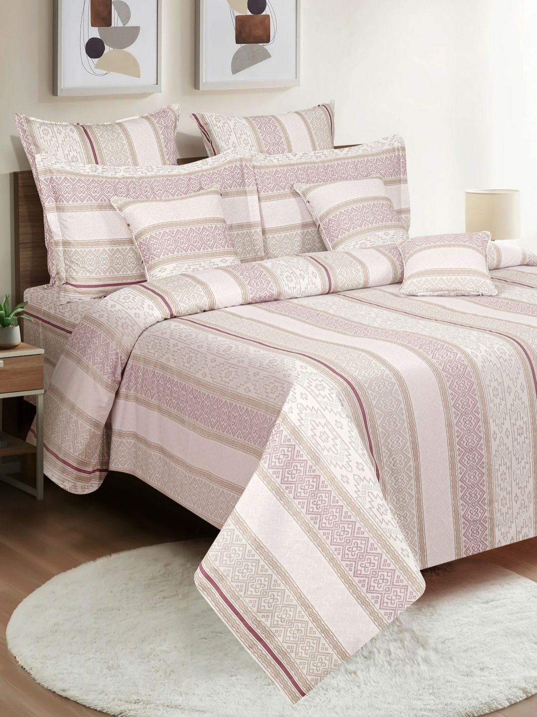 

SWAYAM Pink & Cream-Coloured Ethnic Motifs 210 TC King Bedsheet with 2 Pillow Covers