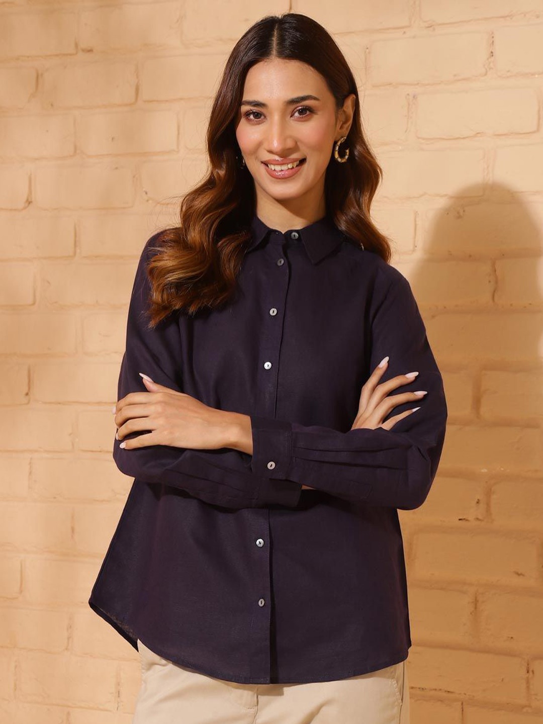 

Fabindia Women Spread Collar Solid Cotton Linen Casual Shirt, Navy blue