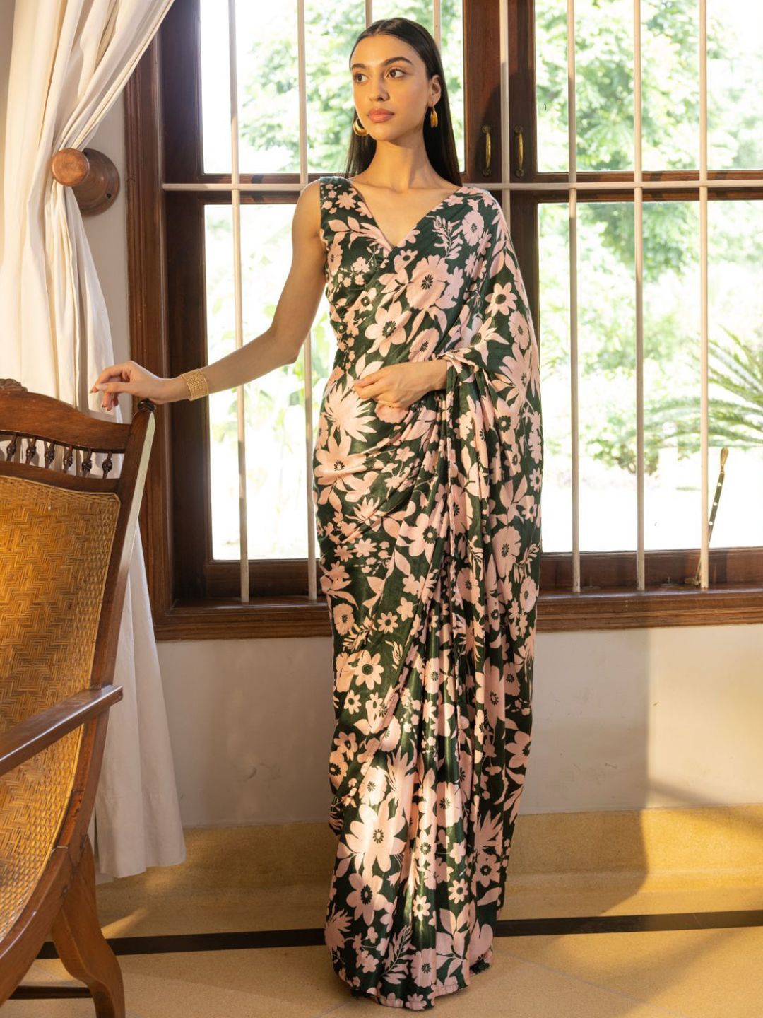 

Mitera Floral Satin Saree, Green