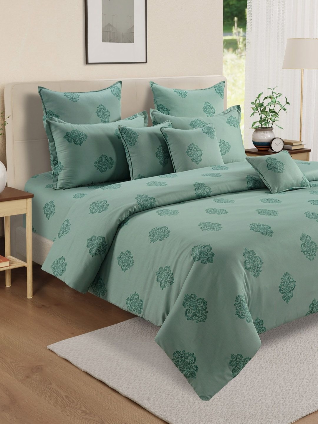 

SWAYAM Green Ethnic Motifs 250 TC King Bedsheet with 2 Pillow Covers