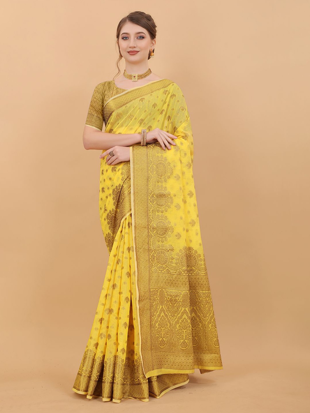 

NIWAA Woven Design Zari Pure Cotton Banarasi Saree, Yellow
