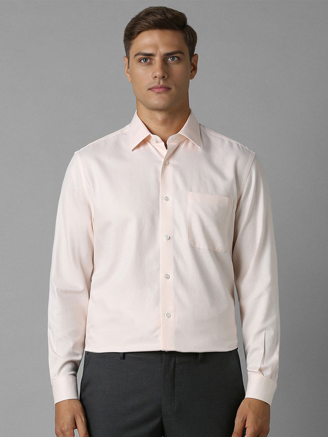 

Louis Philippe Men Classic Spread Collar Textured Cotton Formal Shirt, Beige