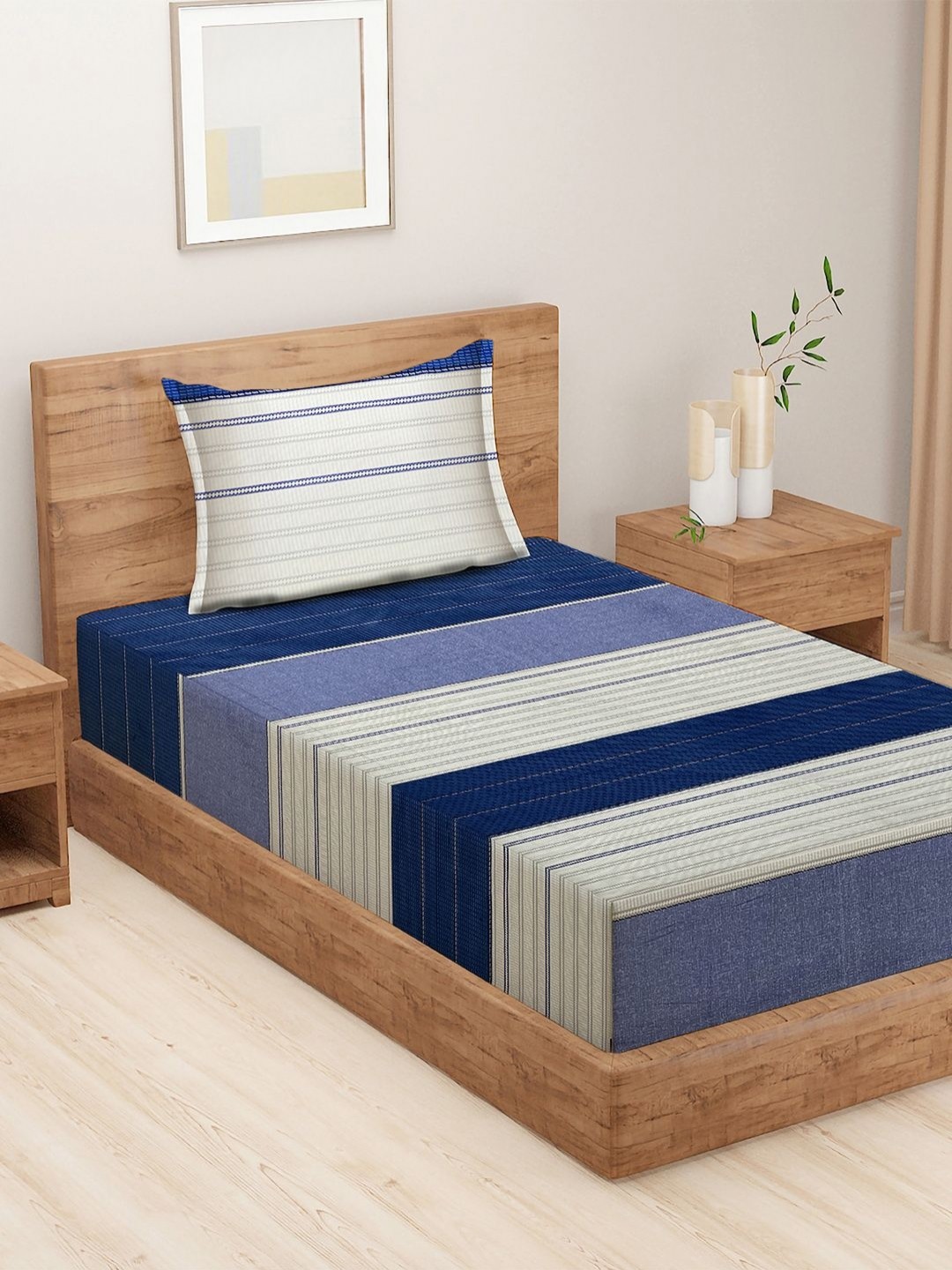 

SWAYAM Grey & Blue Striped 210 TC Queen Bedsheet with 1 Pillow Covers