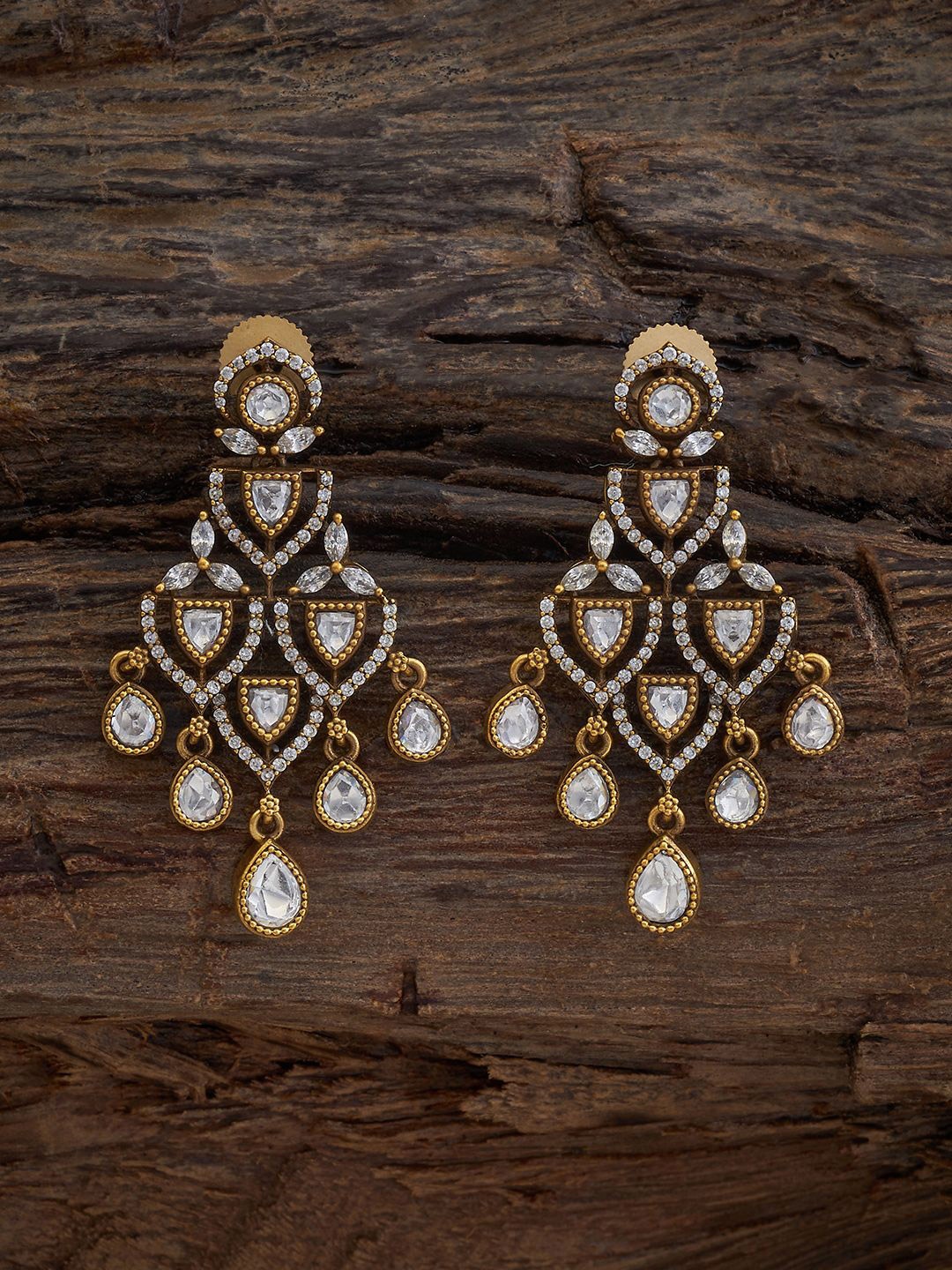 

Kushal's Fashion Jewellery Kundan Studded Leaf Shaped Drop Earrings, White