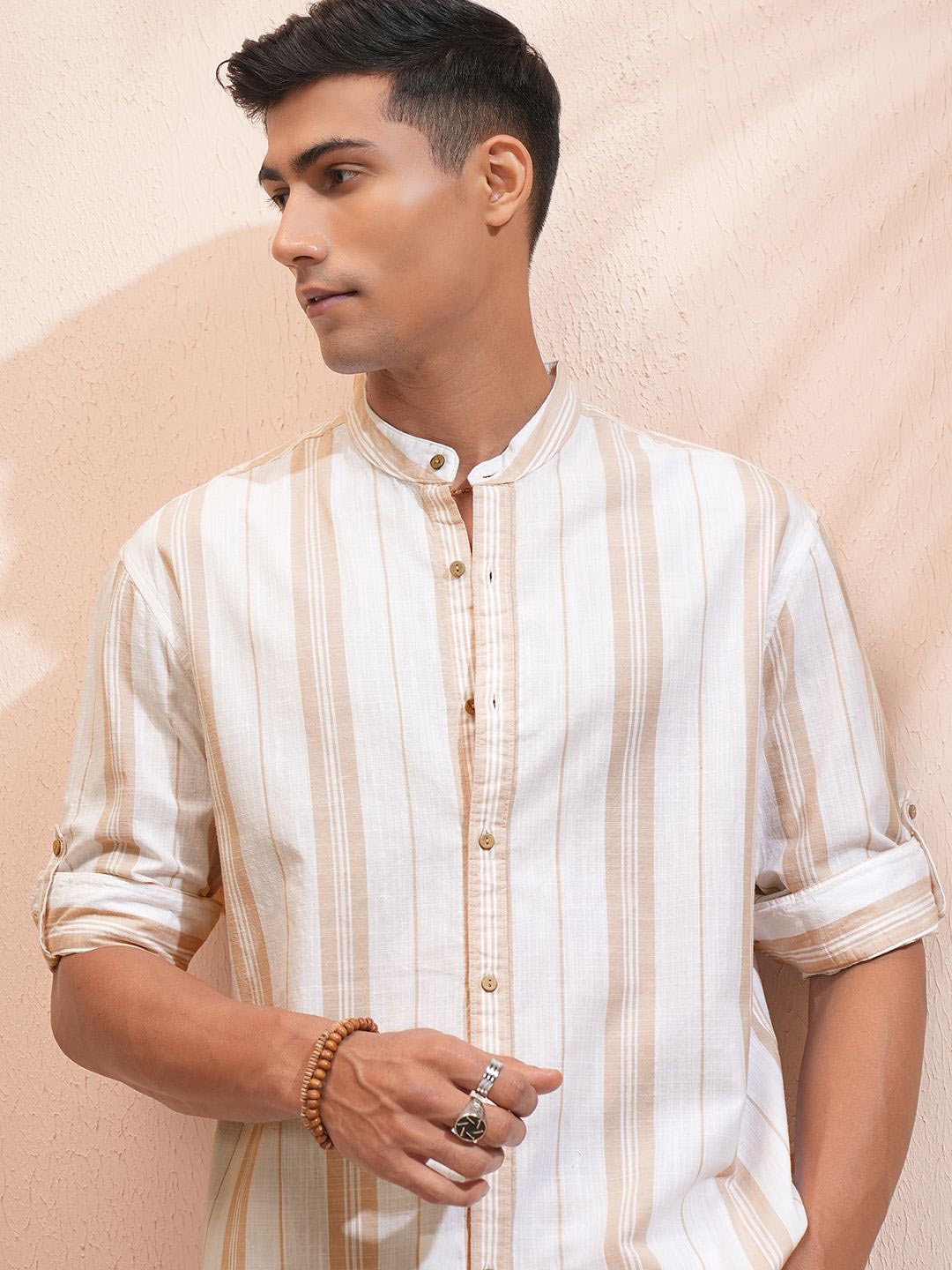 

Highlander Men Striped Mandarin Collar Roll Up Sleeve Relaxed Shirt, White