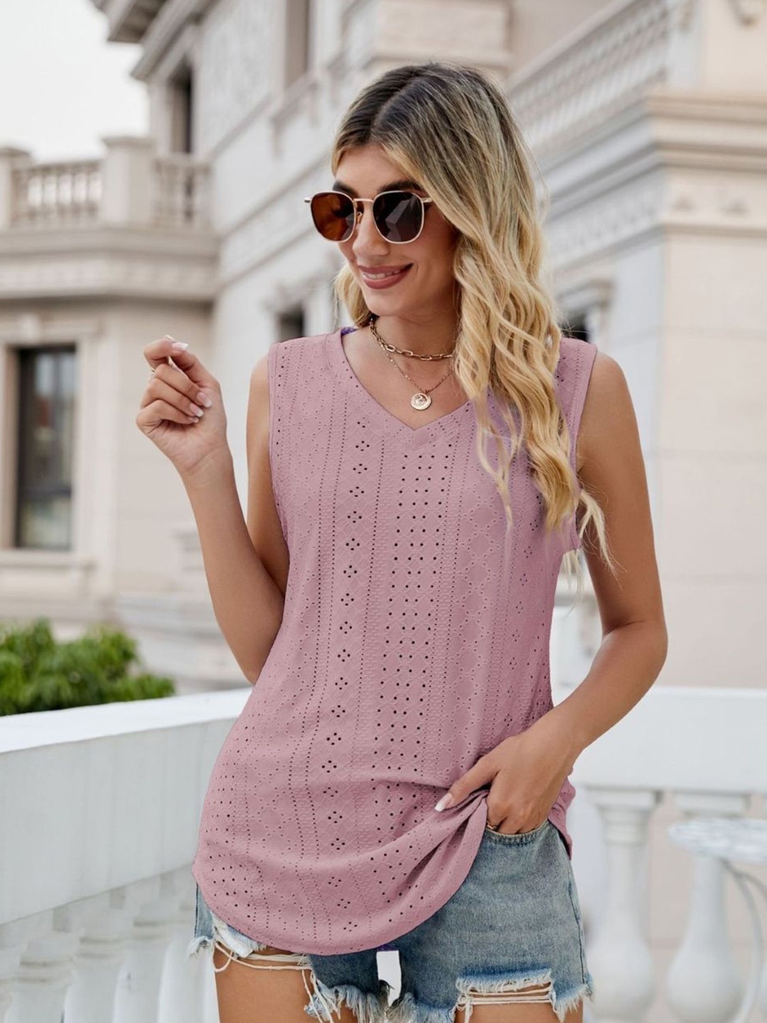 

KPOP Women Self Design V-Neck Top, Mauve