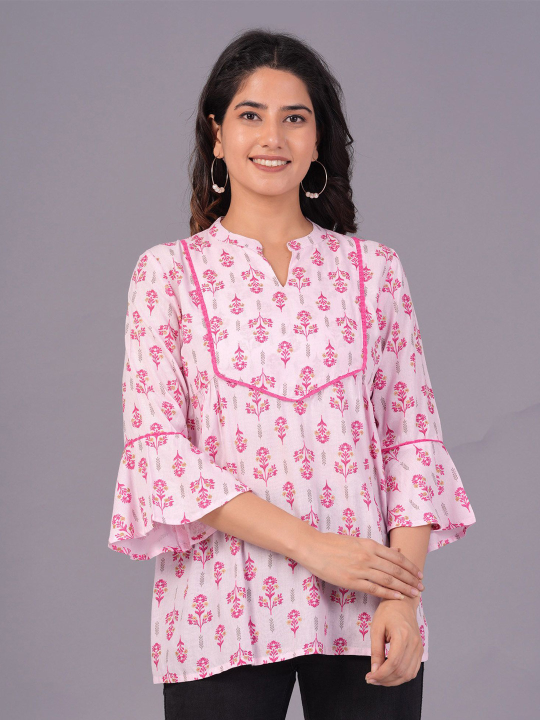 

BAESD Women Floral Printed Mandarin Collar Top, Pink