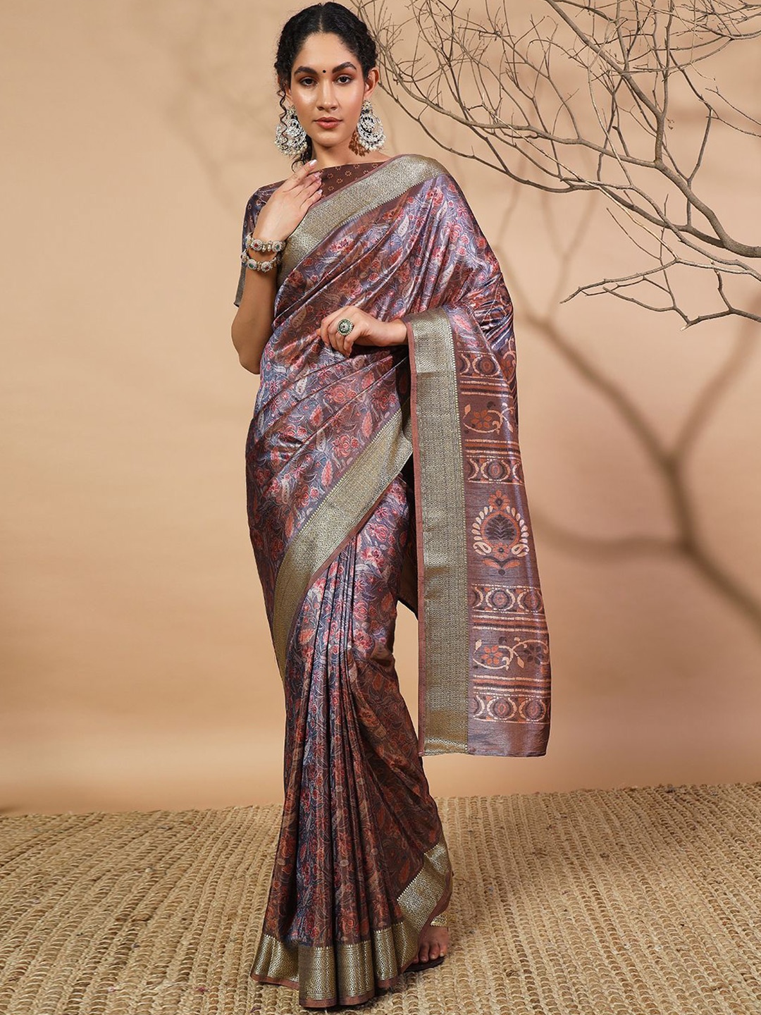 

RACHNA Floral Printed Zari Pure Silk Patola Saree, Rust